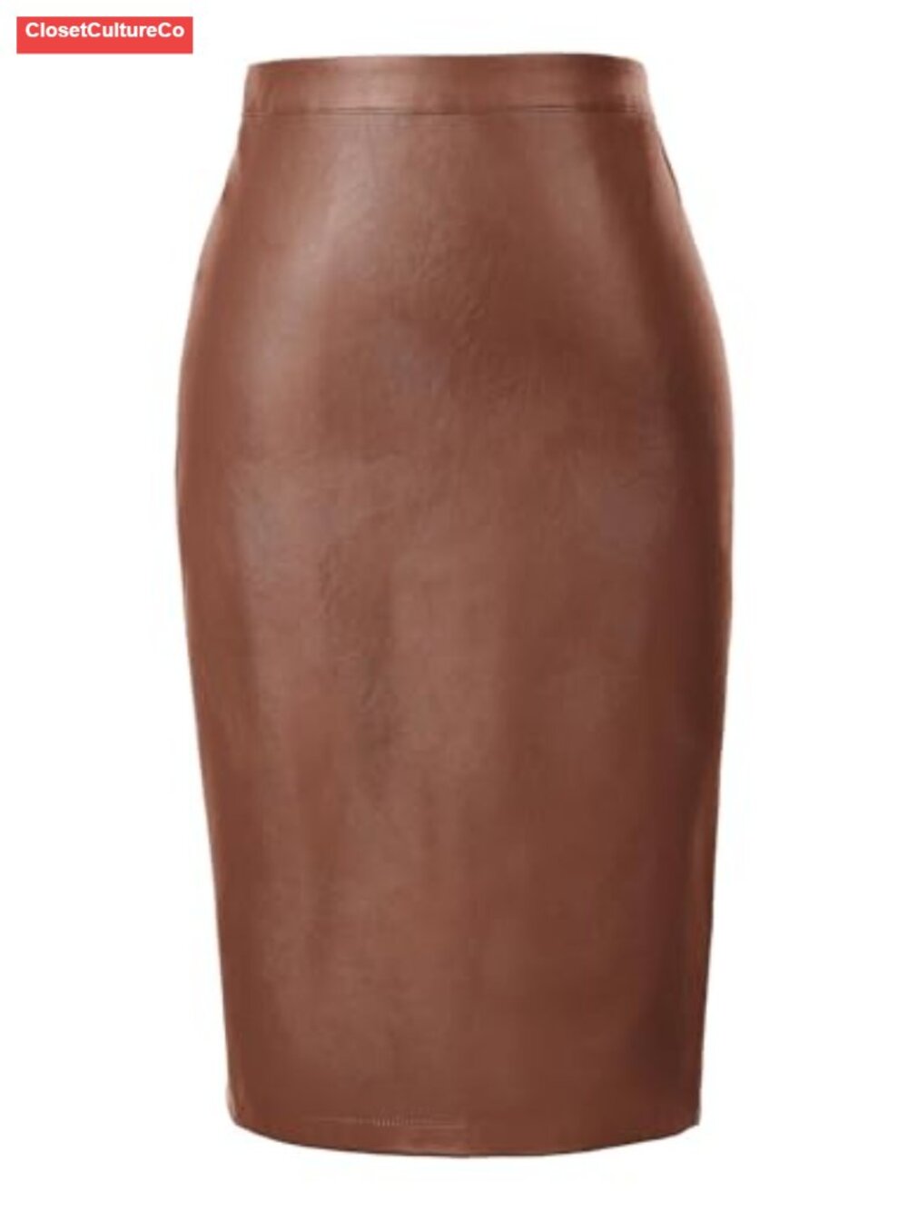 Faux Leather Midi Pencil Skirt High Waist Knee Length Back Slit